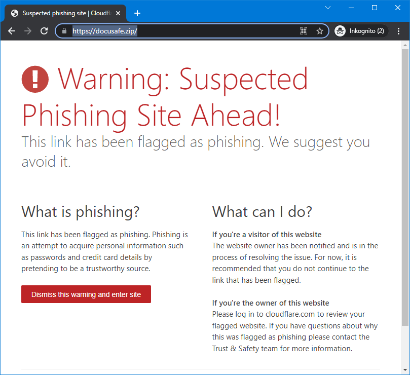 Phishing site warning